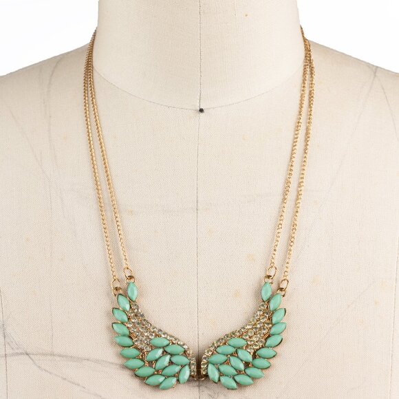Angel Wing Statement Necklace Turquoise & Crystal Rhinestones on Gold Chain NWOT - Picture 10 of 10